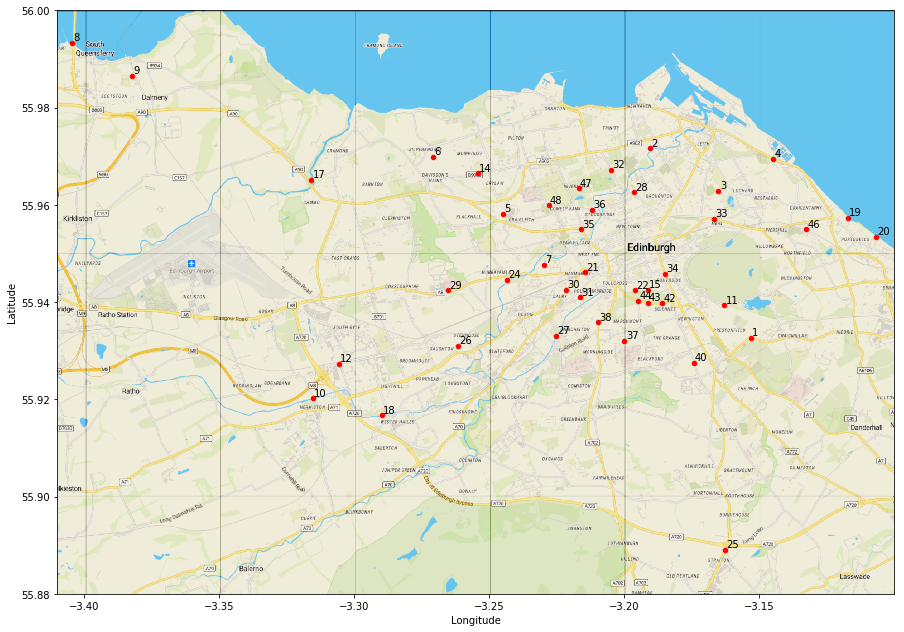 Map showing the locations of the bike counting stations