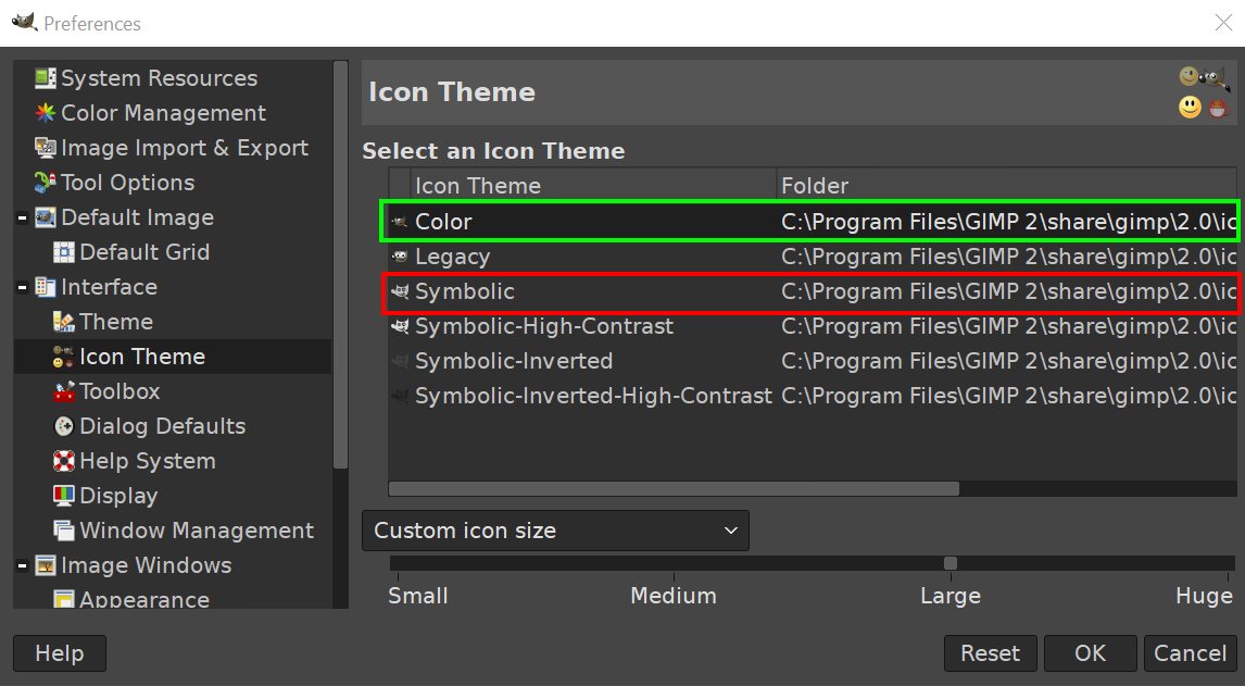 Fixing the icon theme select Color (green) instead of Symbolic (red)