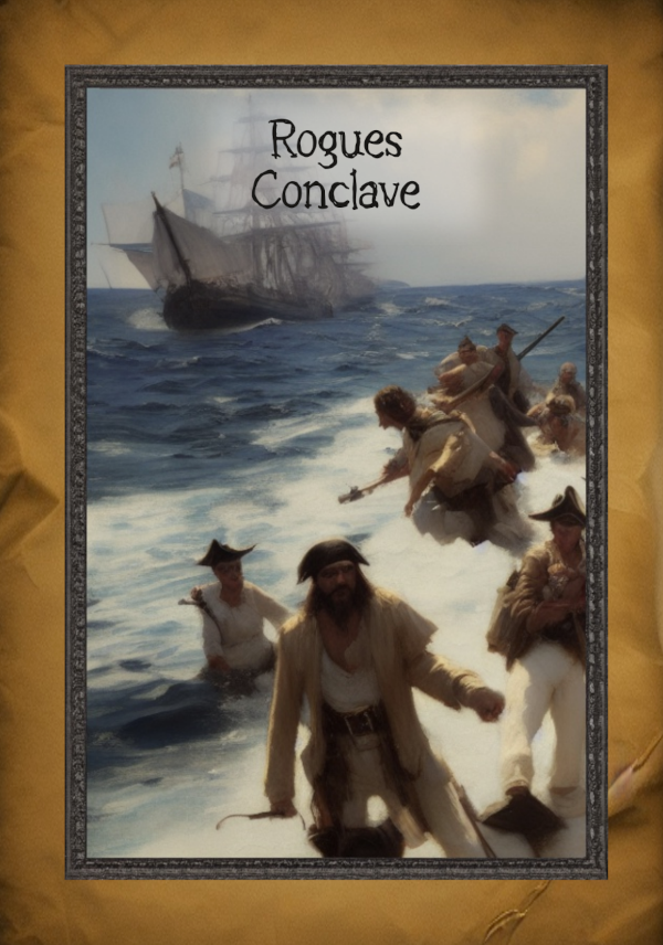 Rogues Conclave Cover including image of pirates wading ashore from a ship