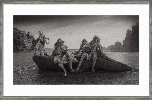 a sketch of 4 drunken sailors sitting on a rock by the sea