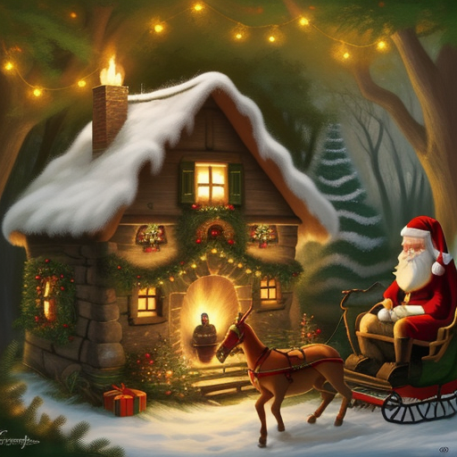 a cottage with snow, Christmas decorations and Santa
